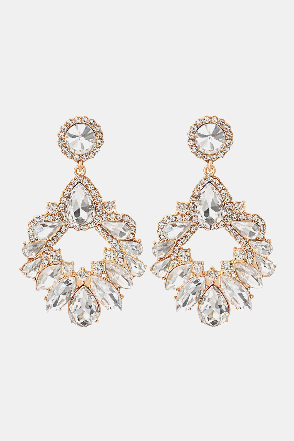 Transparent jeweled chandelier drop earrings with alloy setting and gold tone.