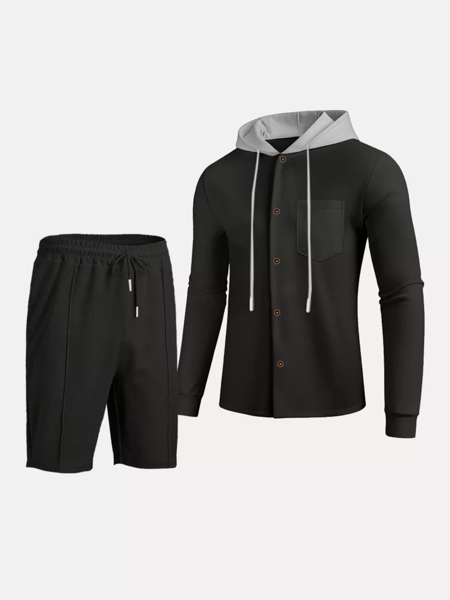 Men's Casual Hooded Button-up Shirt And Shorts Set in Tan