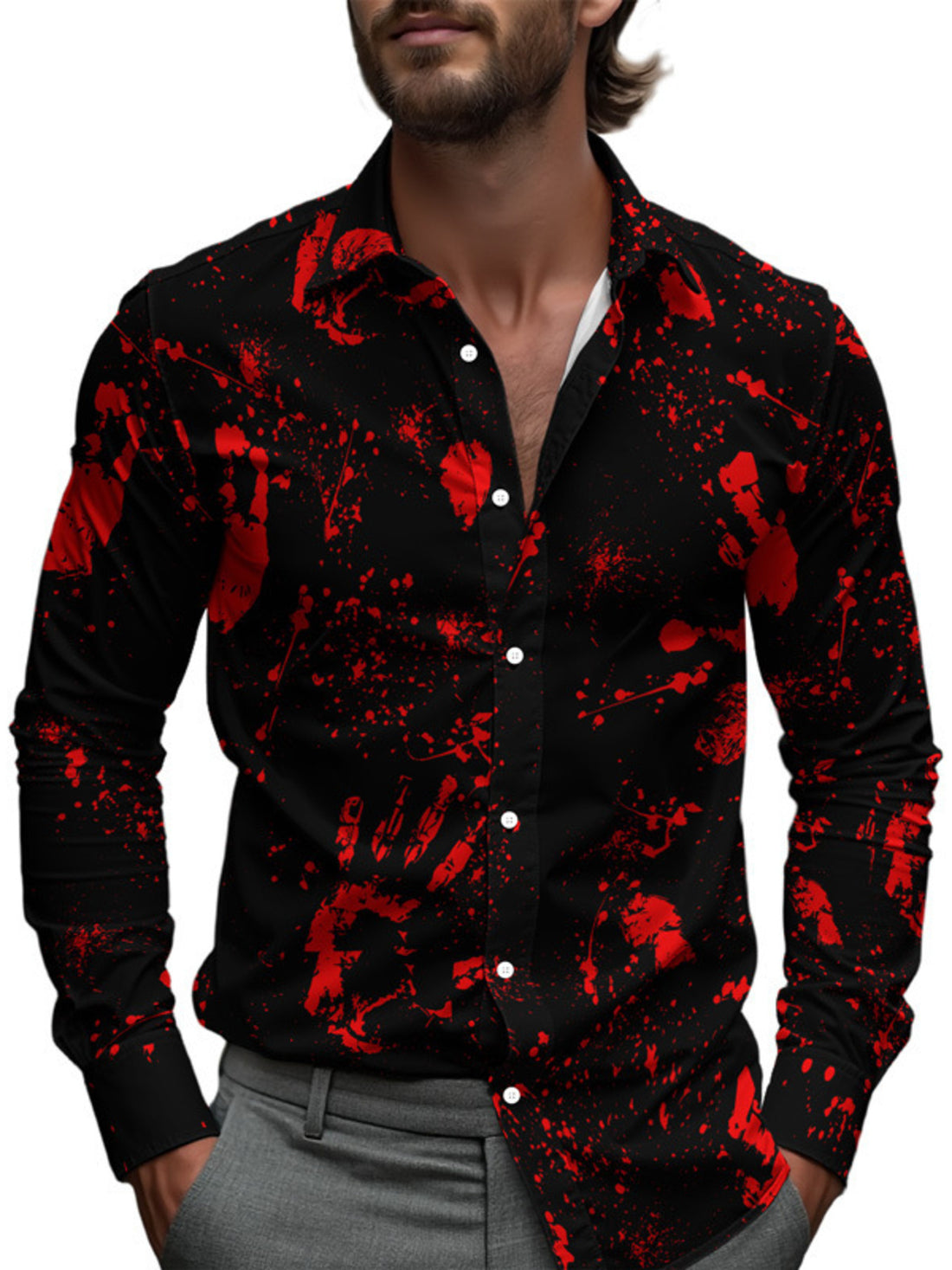 Gray button-down shirt with long sleeve and long sleeve