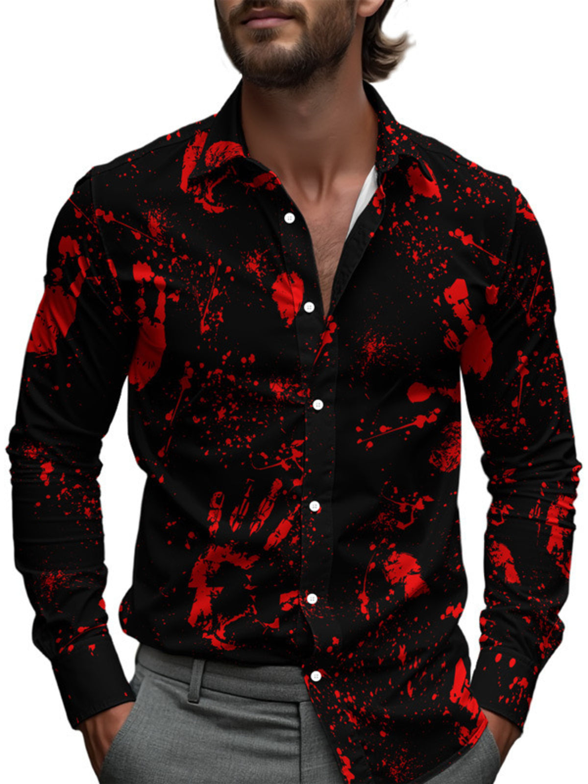 Gray button-down shirt with long sleeve and long sleeve