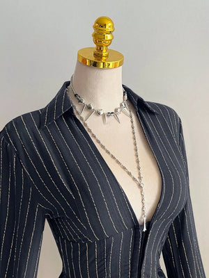 Striped Long Sleeve Fitted Blouse in Black