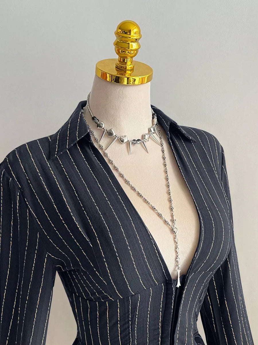 Striped Long Sleeve Fitted Blouse in Black