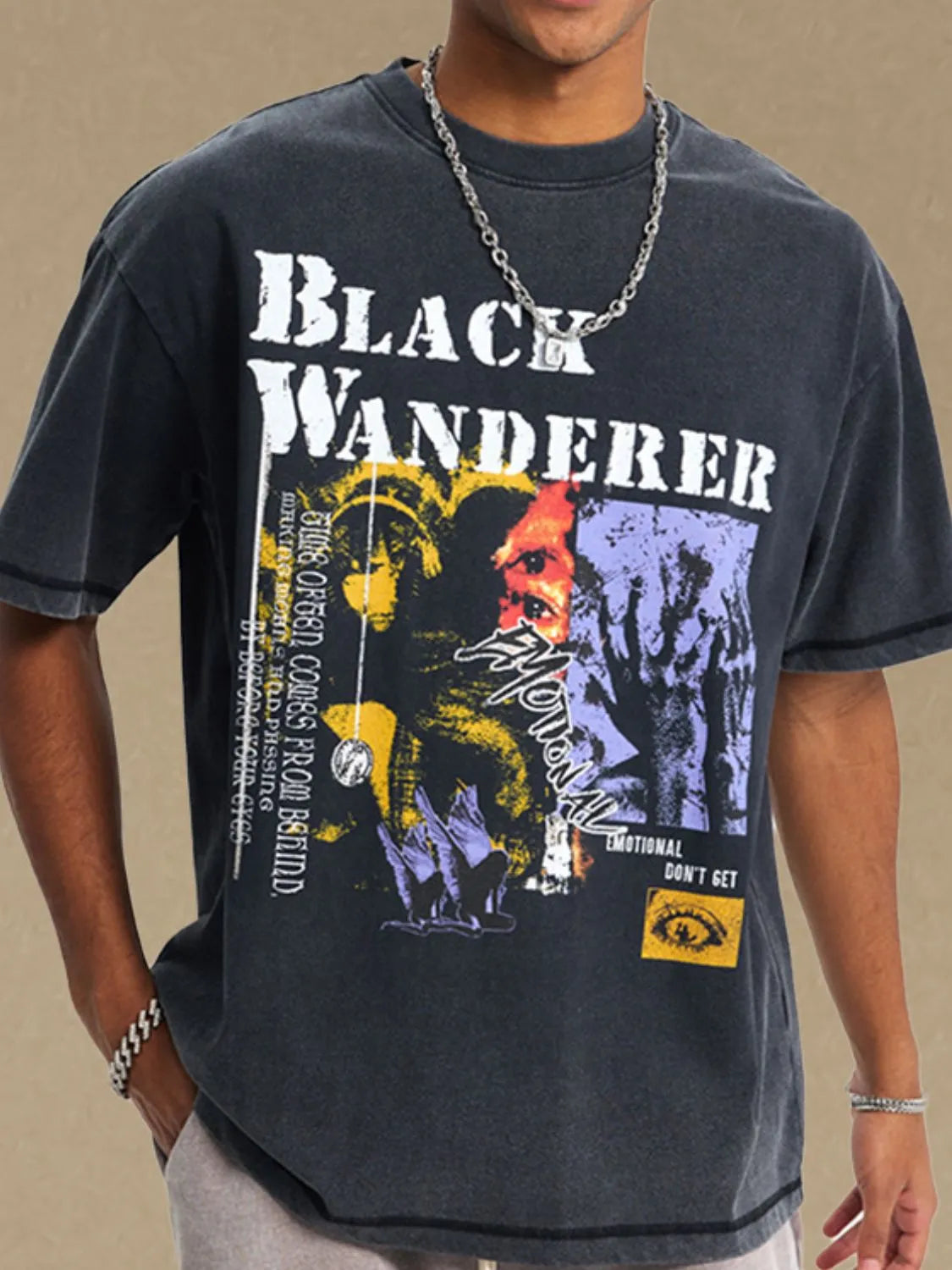 Black Wanderer graphic tee in washed cotton with crew neck and short sleeves.