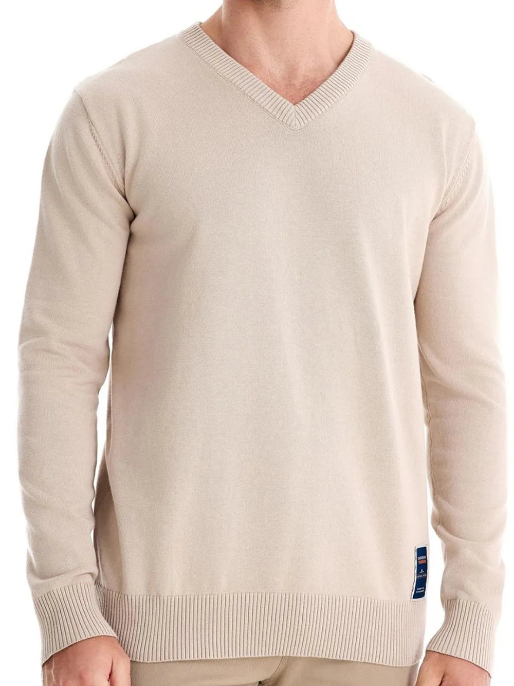 Men's Khaki V-neck ribbed knit sweater with long sleeves and a classic fit.