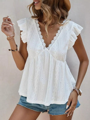 White eyelet blouse with lace trim and ruffle sleeves, V-neck, peplum style