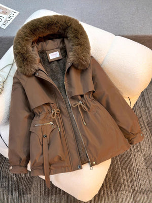 The main fabric is polyester parka in Coffee with relaxed silhouette