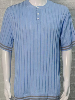 Light blue ribbed henley polo shirt with short sleeves and striped cuffs.