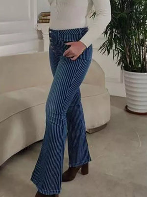 Blue striped denim maternity flare jeans with button fly