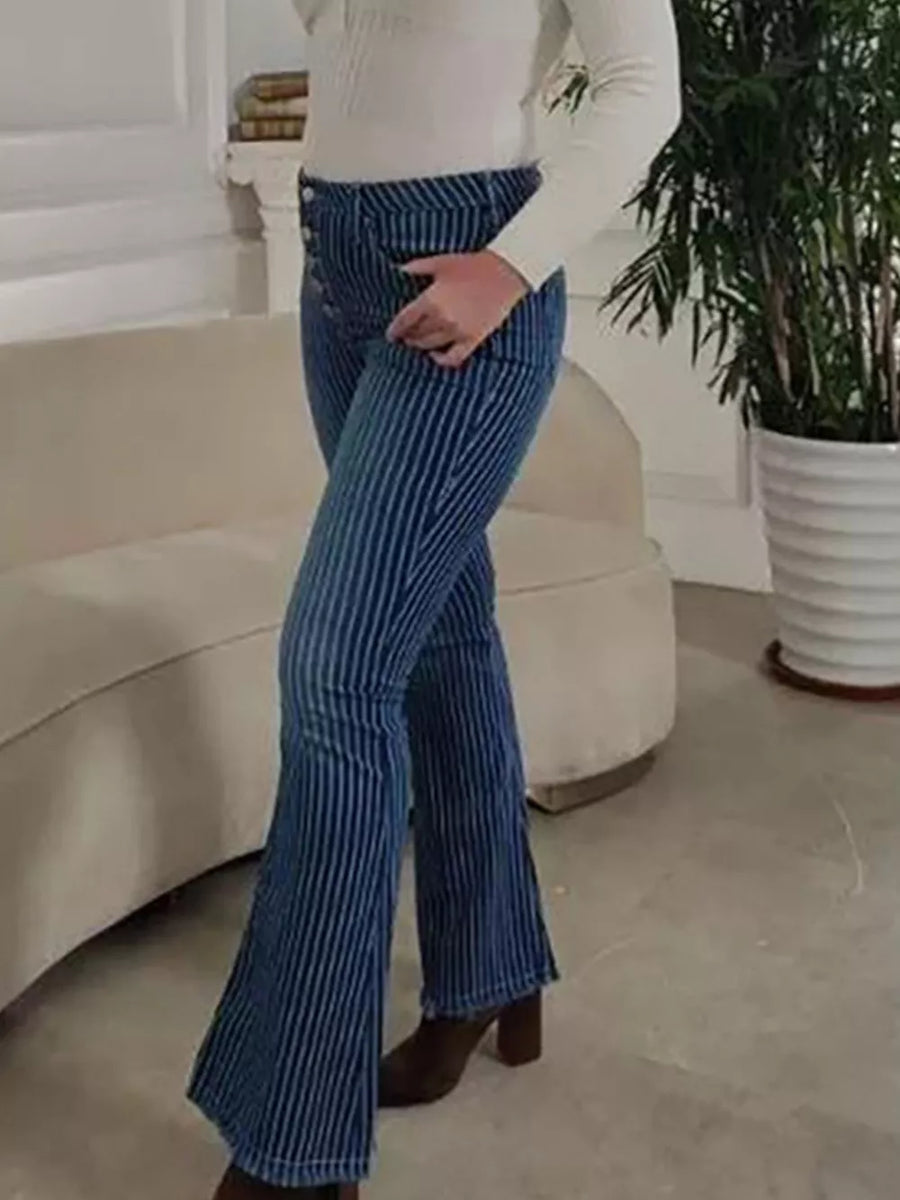 Blue striped denim maternity flare jeans with button fly