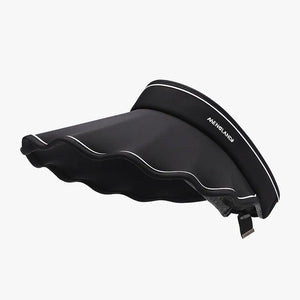 Black scalloped brim sun visor with white trim and adjustable strap.