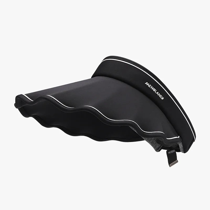 Black scalloped brim sun visor with white trim and adjustable strap.