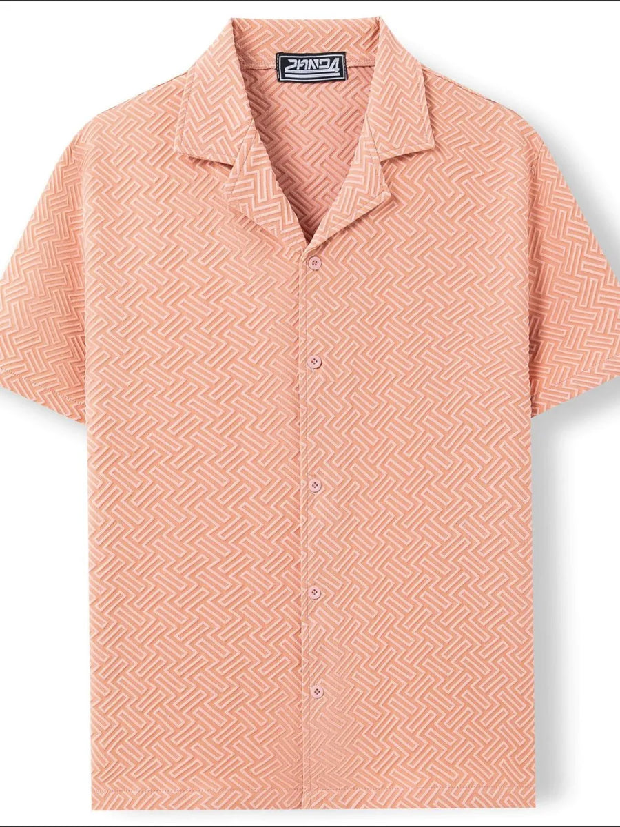 Textured resort collar shirt in pale blush with geometric pattern and button front.