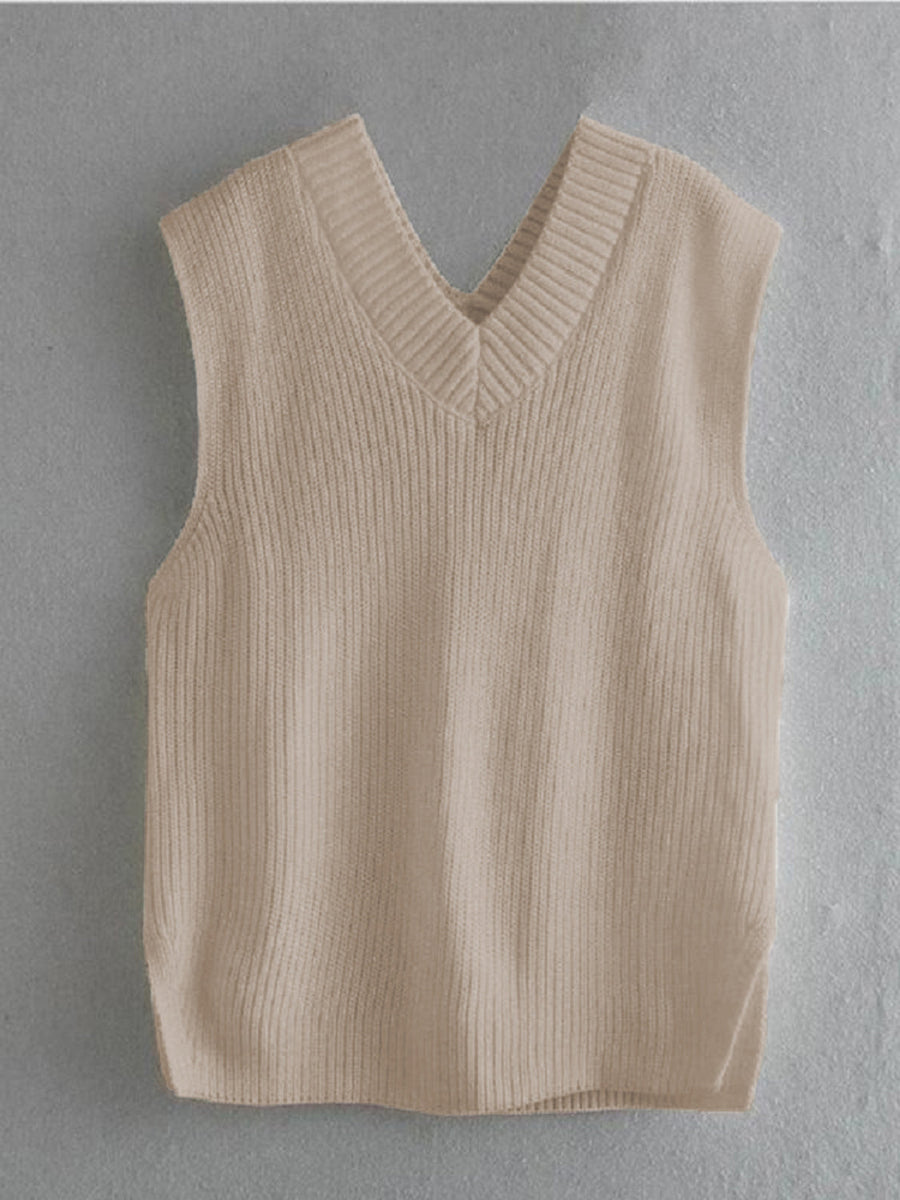 Cream textured knit v-neck sleeveless vest with asymmetric hem