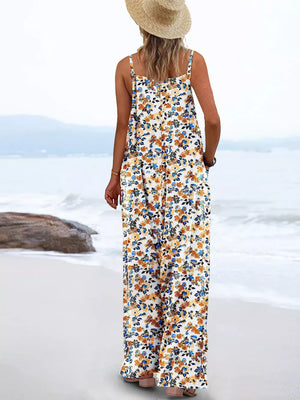 Yellow Floral Print Wide Leg Spaghetti Strap Overalls