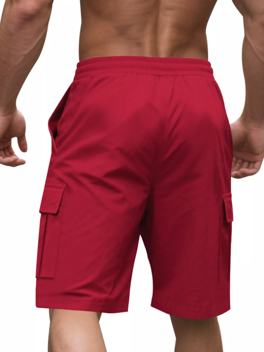 Deep red cargo shorts with adjustable waist and side pockets.