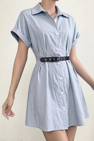 Button Up Short Sleeve Shirt Dress in Light Blue