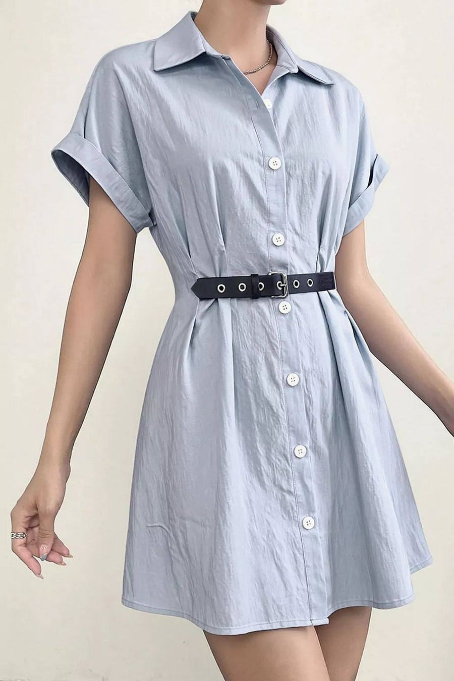 Button Up Short Sleeve Shirt Dress in Light Blue