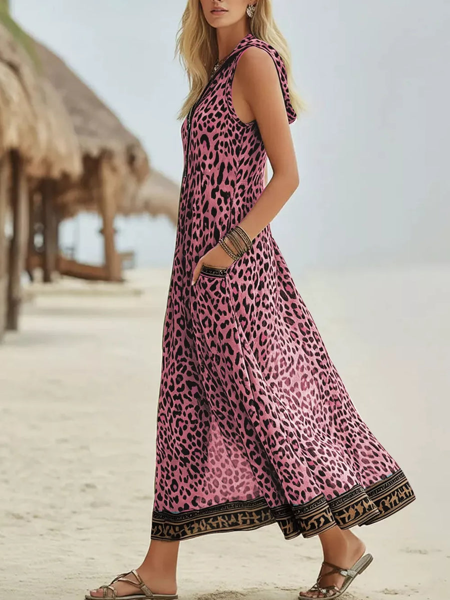 black maxi dress featuring pocketed and leopard