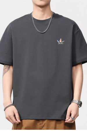 Men's dark gray cotton blend crew neck t-shirt with a small feather print detail.