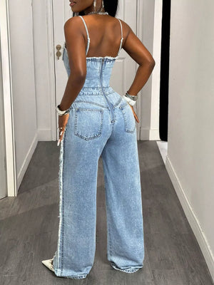 Distressed Spaghetti Strap Wide-leg Denim Jumpsuit option 7