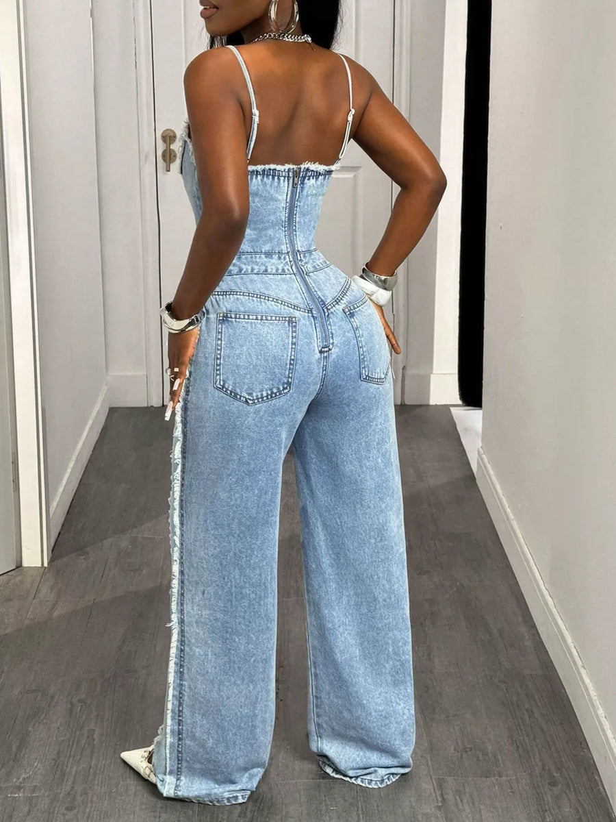 Distressed Spaghetti Strap Wide-leg Denim Jumpsuit option 7