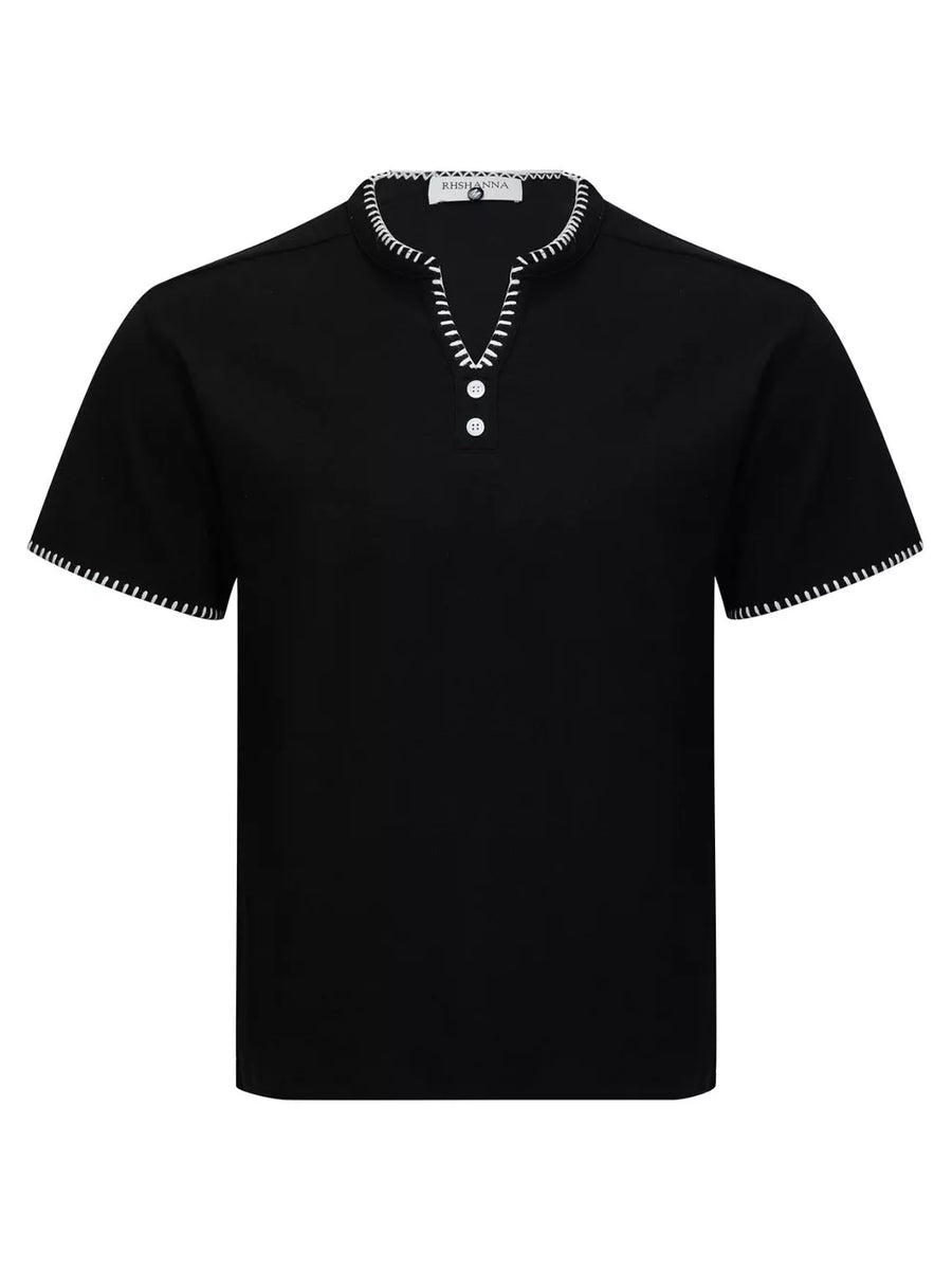 White with Men's Notched Short Sleeve Henley Top