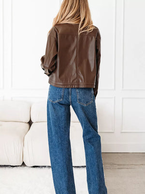 Dark Brown relaxed leather jacket with collared