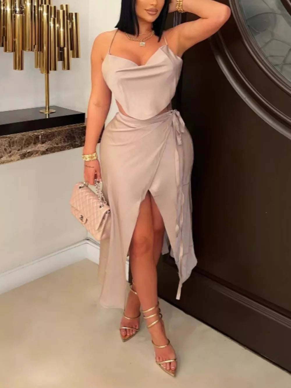 Champagne Satin Halter Neck Crop Top And Wrap Skirt Set