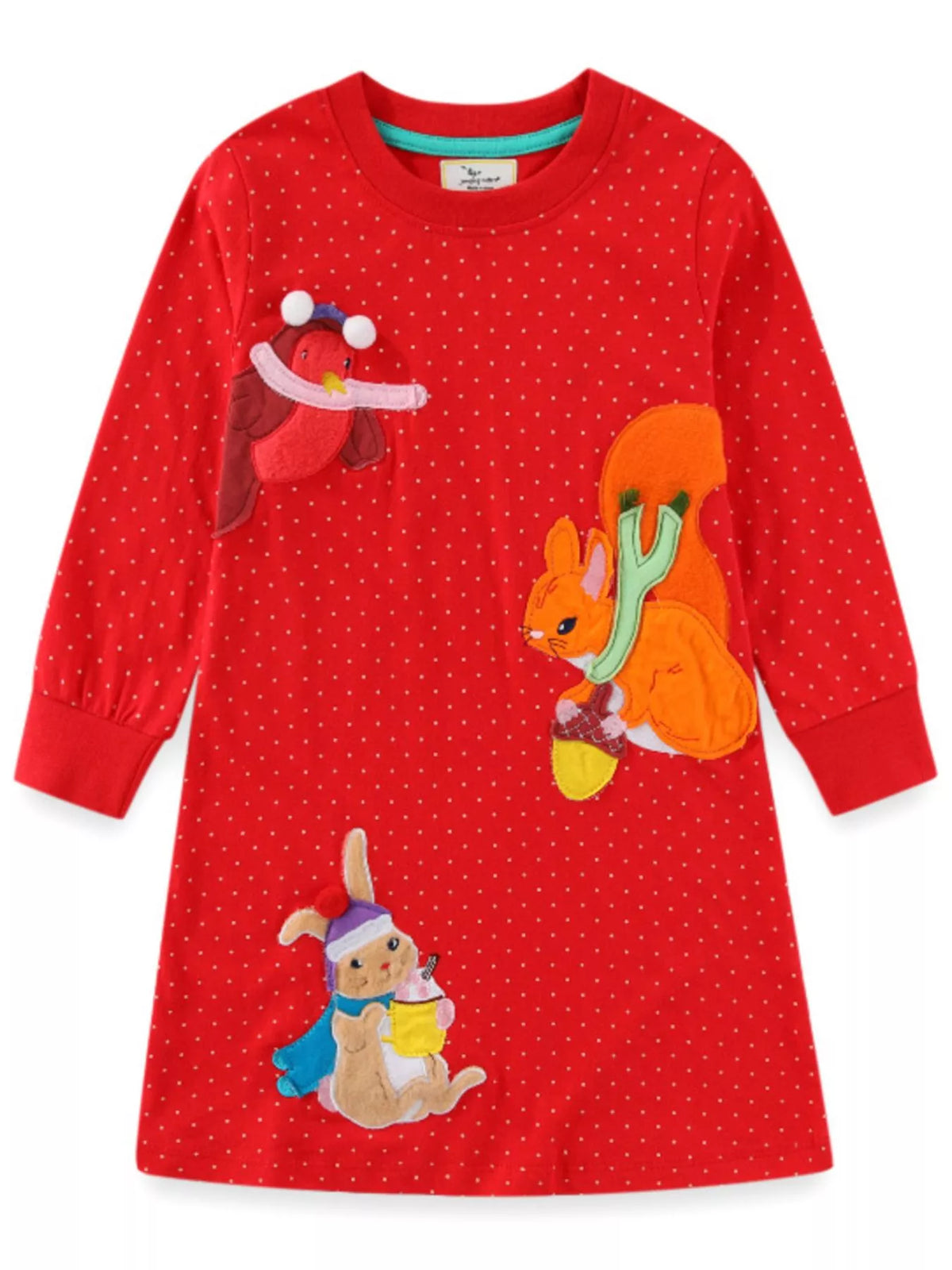 Red long sleeve dress with white polka dots and animal appliques of a robin, squirrel, and bunny.