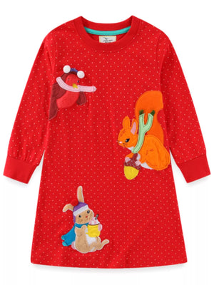 Red long sleeve dress with white polka dots and animal appliques of a robin, squirrel, and bunny.