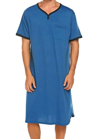 Blue sleep shirt dress with contrast trim neckline and sleeves, V-neck, short sleeves, chest pocket.