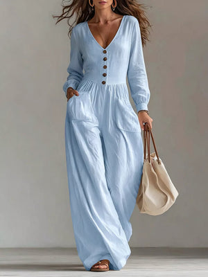V-neck Long Sleeve Wide Leg Jumpsuit in Turquoise with pocketed
