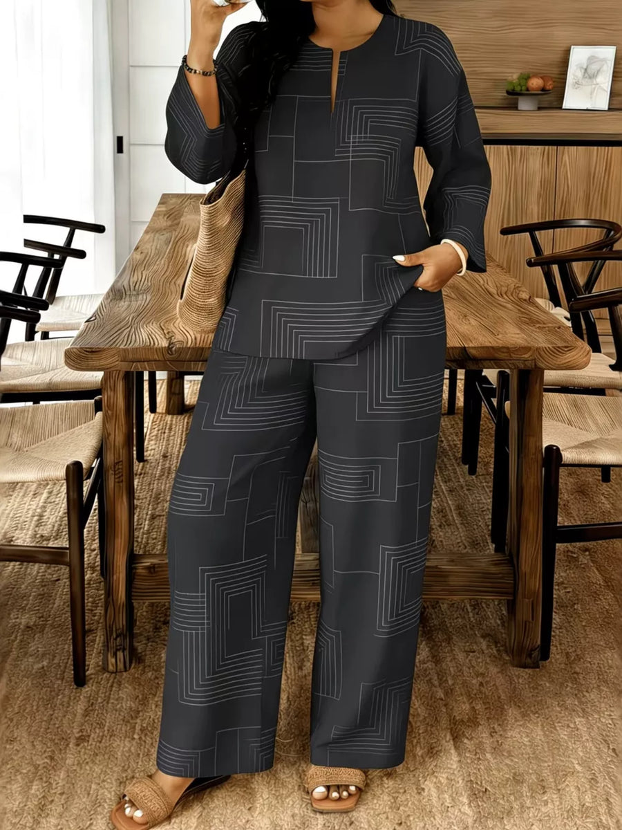 Black geometric print long sleeve top and wide leg pants set with V-neckline