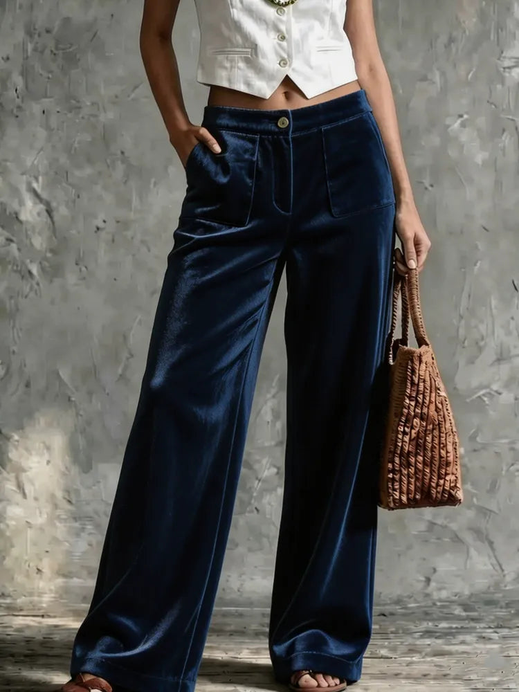 Full Size Velvet Wide-leg Pants in Army Green with buttoned