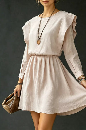 Eggshell Ruffled Round Neck Long Sleeve Dress