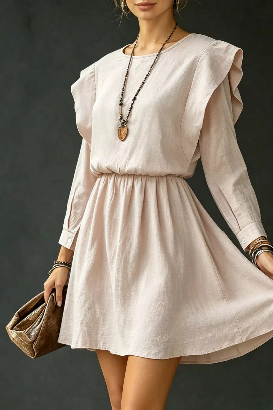 Eggshell Ruffled Round Neck Long Sleeve Dress