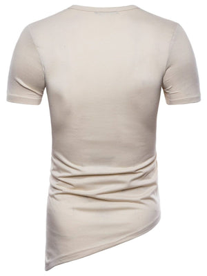 Light khaki cotton t-shirt with short sleeves and an asymmetric hem detail.