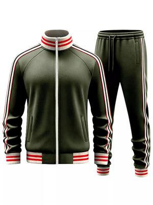 Army green tracksuit with red and white striped collar, cuffs, and side stripes.