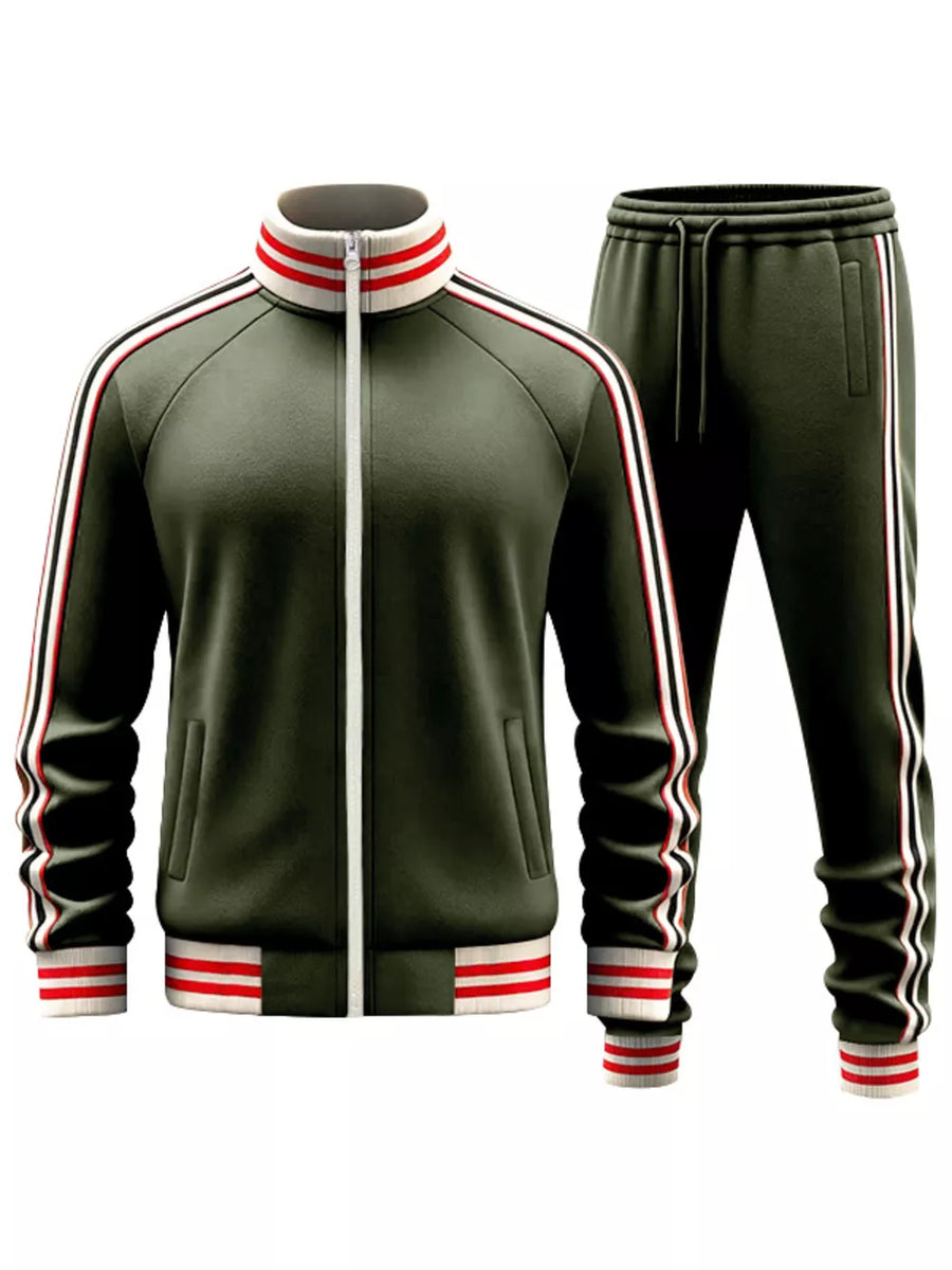 Army green tracksuit with red and white striped collar, cuffs, and side stripes.