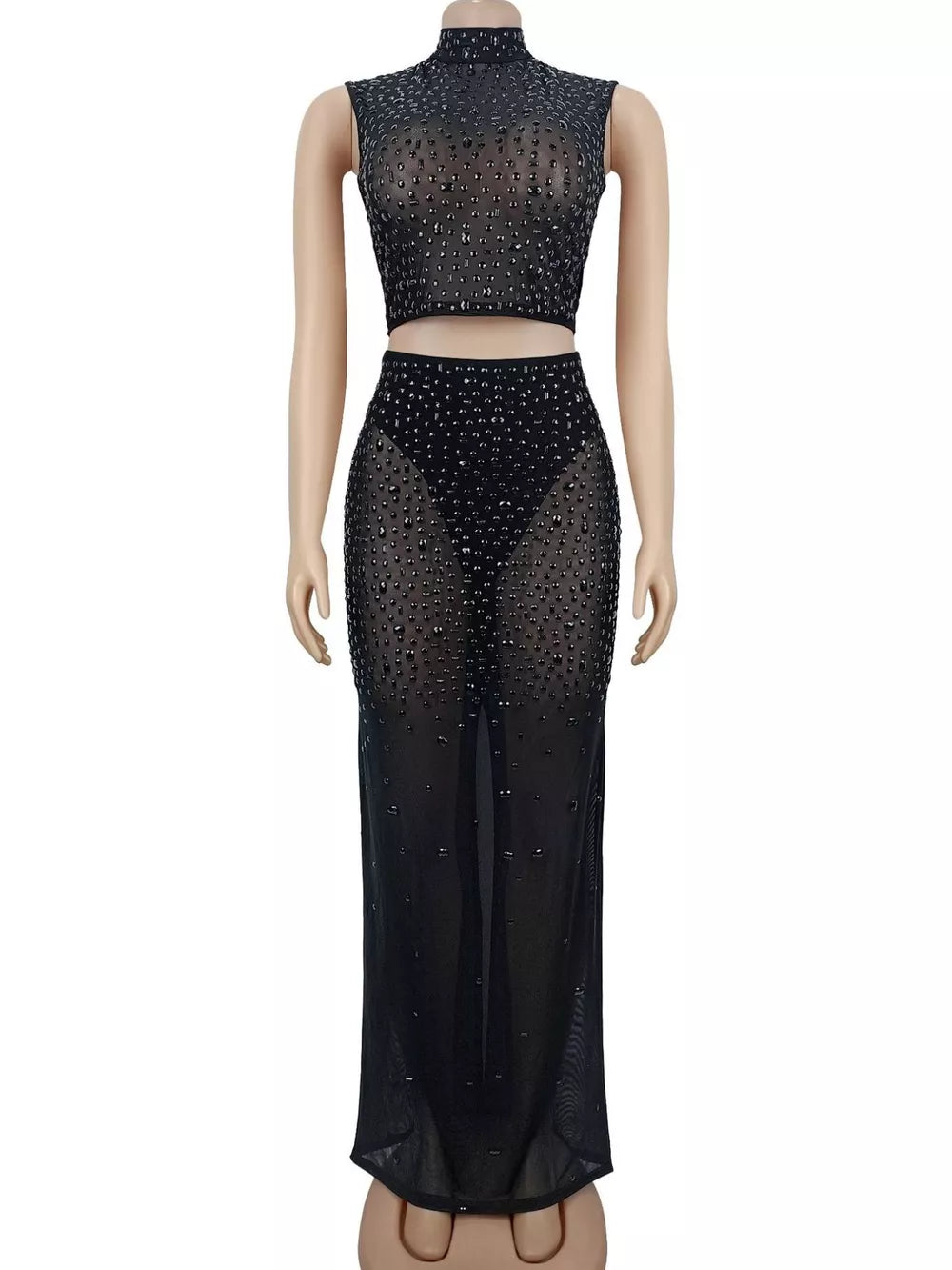 two-piece set in Black with rhinestone and maxi