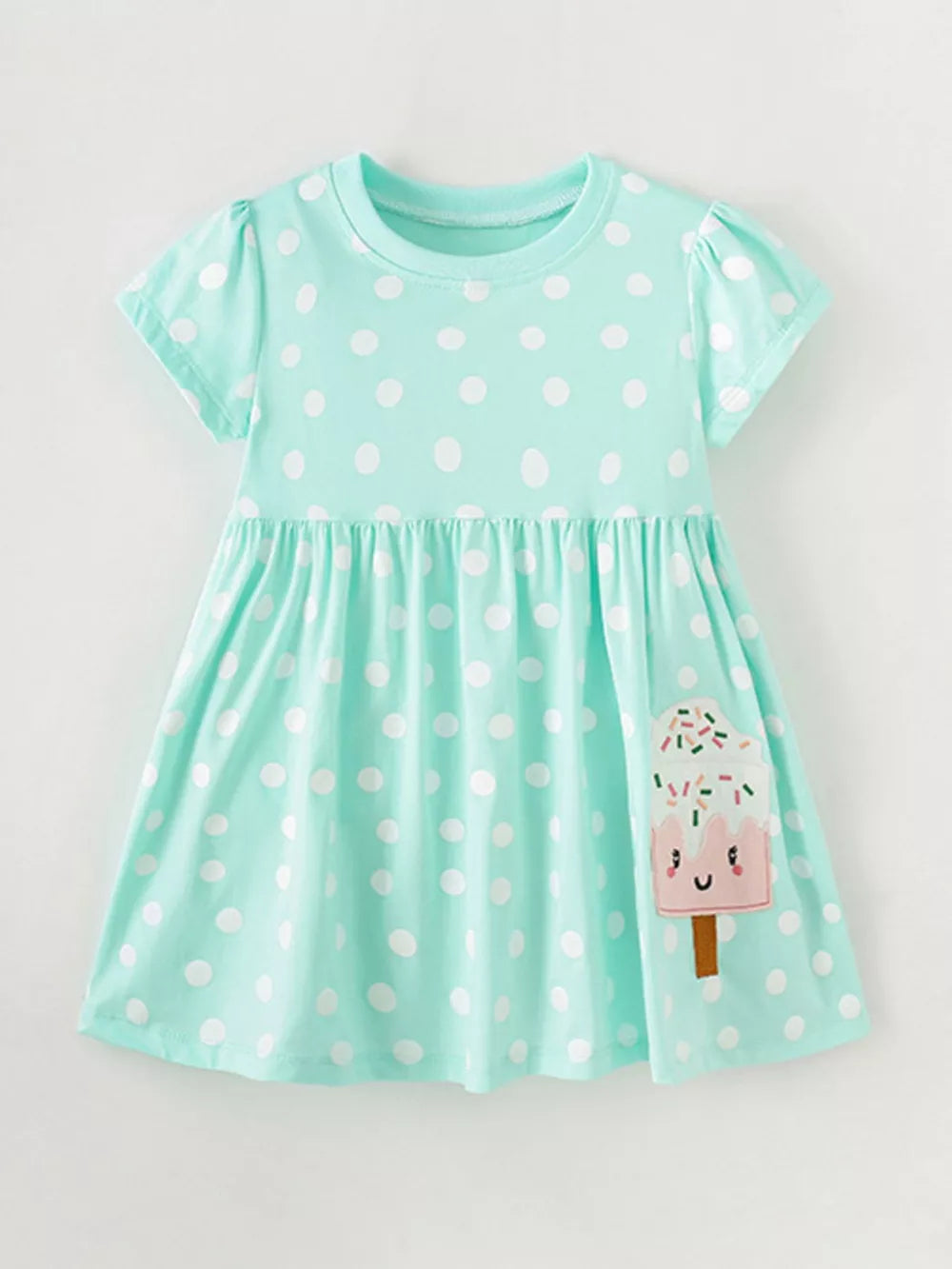 Baby dress with polka dots and ice cream applique, a-line, cotton blend