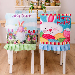 Easter Bunny chair covers with ruffles, one with gnome and tulips, one with bunny and eggs.