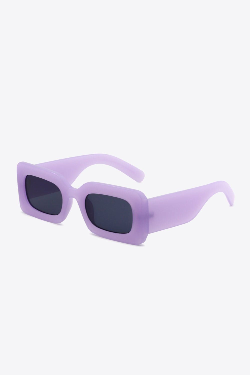 Lavender acetate rectangle sunglasses with dark lenses and thick frames.