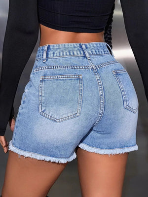 Blue with Button-down Denim High-waisted Frayed Hem Denim Shorts in Blue