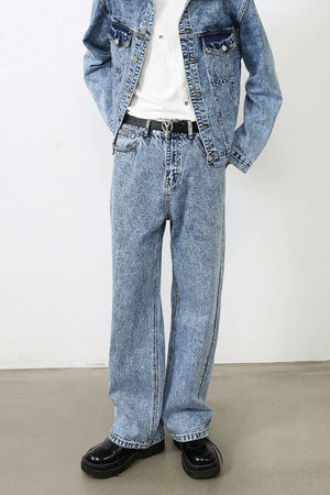 Acid wash wide-leg jeans in medium blue denim with a relaxed fit.