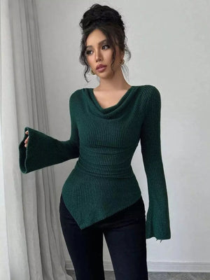Green ribbed cowl neck top with asymmetrical hem and bell sleeves.