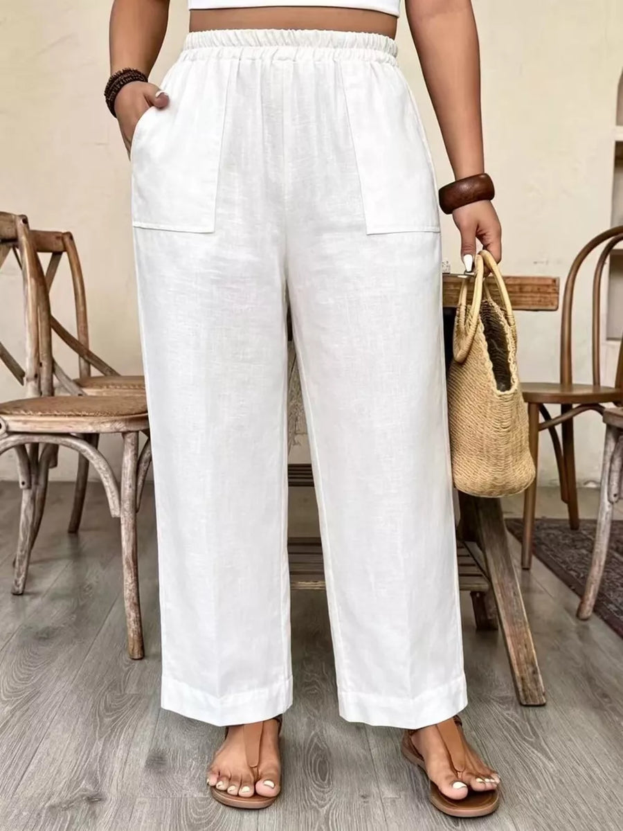 oatmeal wide-leg pants with ankle-length and elastic