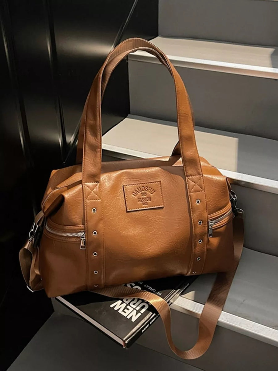 Chic brown pu leather shoulder bag with adjustable strap and silver hardware details