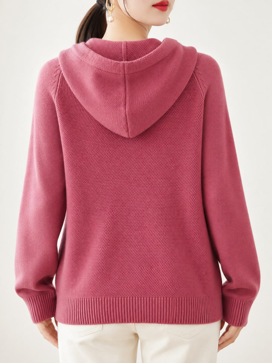 Drawstring Long Sleeve Hooded Knit Sweater in Raspberry with drawstring