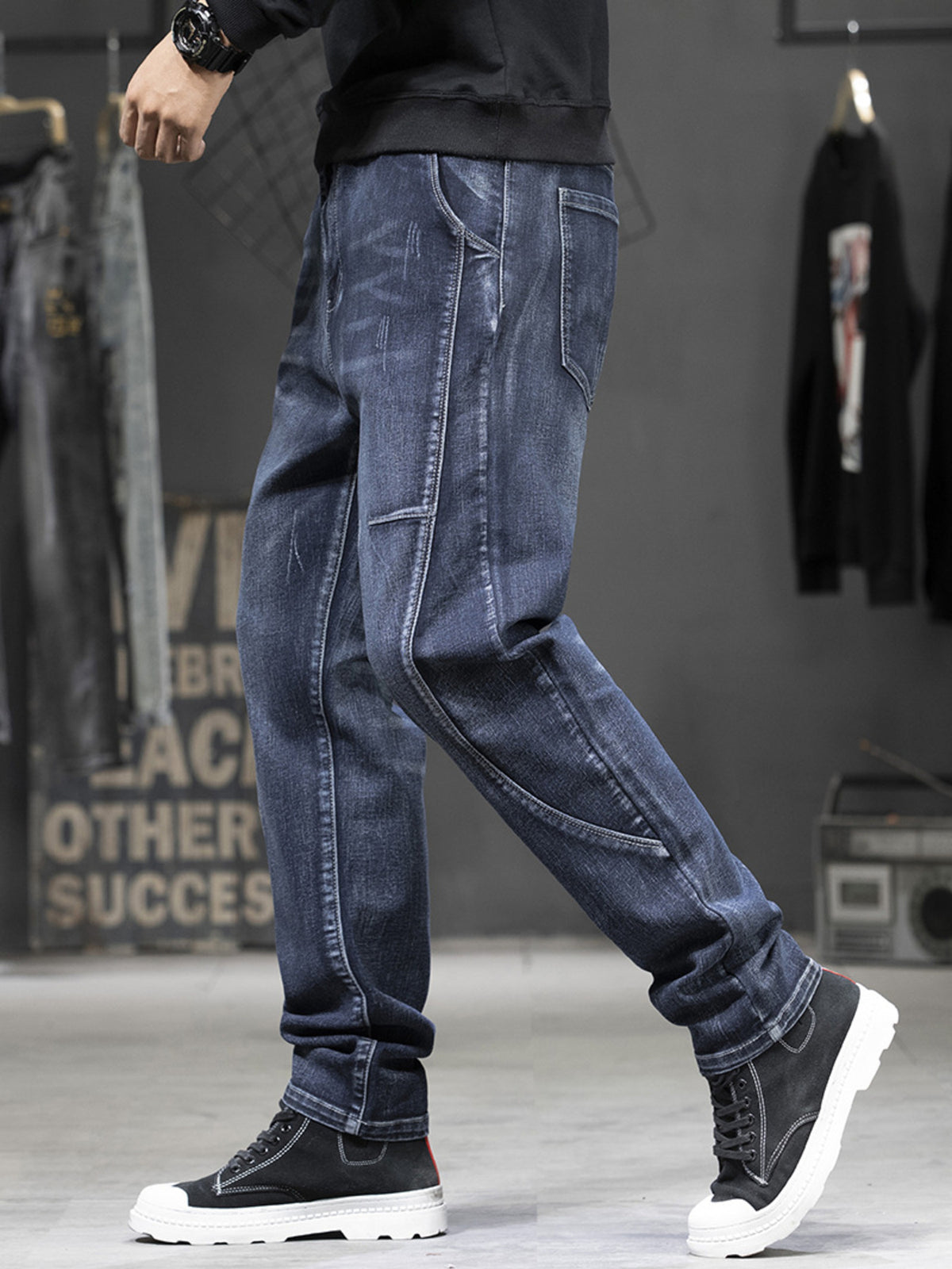100% cotton Care instructions: Machine wash cold jeans in French Blue with tapered silhouette